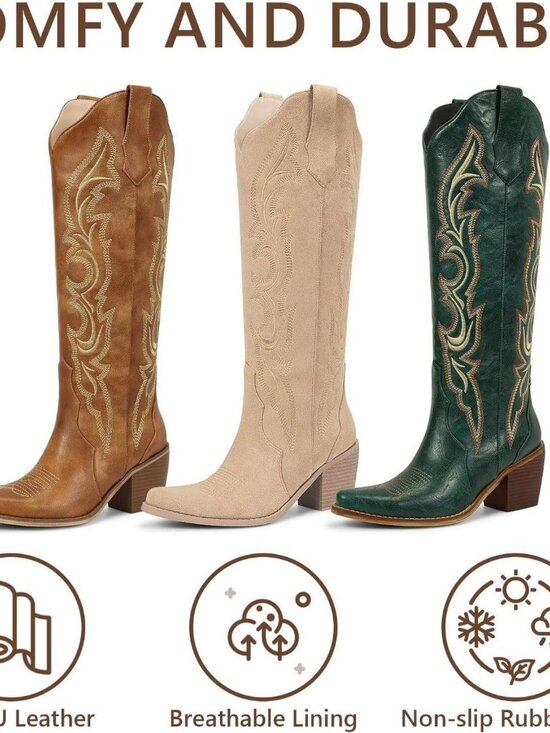 Women's Tan Embroidered Slip on Western Boot with Chunky Mid Heel Pointed Toe - Picture 6 of 6